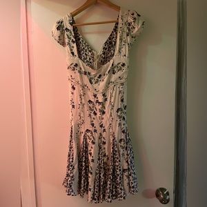 Free People Cream Floral Mini Dress with Navy Green Print
